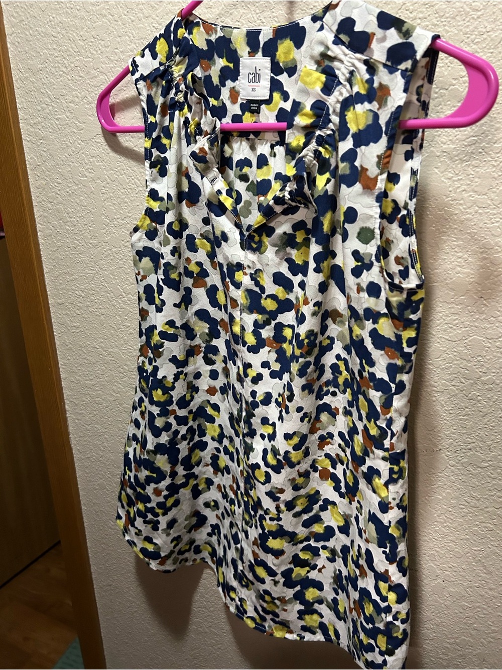 CAbi Sleeveless Ruffle Neck Blouse - White, Navy & Yellow - Picture 7 of 8